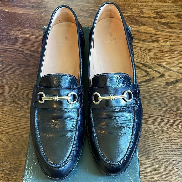 Elegant Sulka Black Loafers with Gold Fleur-de-Lis Embroidery England 13US 12UK Men main image 4